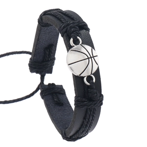 Handmade black leather woven bracelet with silver basketball charm for sporty men