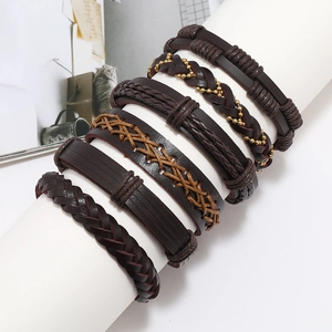 Men's vintage multilayer leather bracelet set featuring cross and braided wrap designs