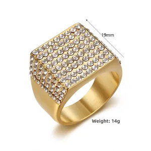 Macro detail of 19mm gold plated square signet ring with micro pavé diamonds