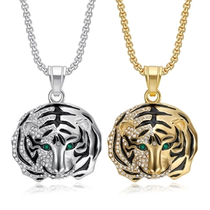 Collier Pendentif Tête de Tigre Hip Hop en Acier Inoxydable Plaqué Or Strass Chaîne Animale pour Hommes Femmes Bijoux