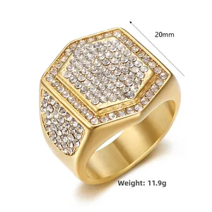 Detail showing 20mm width and 11.9g weight of gold-plated iced out hip hop ring