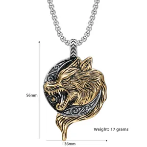 Detailed view of Viking wolf head pendant with 56mm x 36mm size and 17g weight