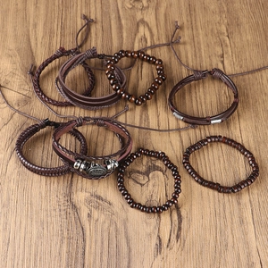 Vintage-Lederarmband-Set in Braun mit Holzperlen und Lebensbaum-Anhängern für Herren