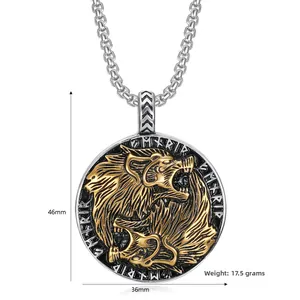 Detailed view of silver and gold Viking wolf pendant showing 46mm size on white background