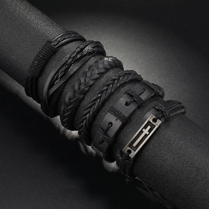 Men's multi-layer black leather woven bracelet set with silver cross metal charm