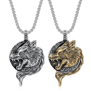 Collana con Ciondolo Testa di Lupo Vichingo Nordico Vintage per Uomo in Acciaio Inossidabile Luna Celtica Totem Punk Gothic Gioielli