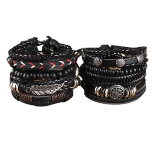Handmade multilayer leather bracelet set with retro feather charms and braided cords