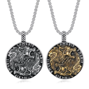 Stainless Steel Viking Norse Mythology Double Wolf Head Totem Rune Round Pendant Necklace Retro Gold Silver Plated Jewelry For Men