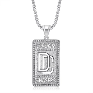 Collier avec pendentif carré DC hip hop en acier titane serti de cristaux étincelants