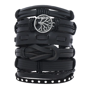 Handmade black leather bracelet set for men featuring a vintage Tree of Life metal charm