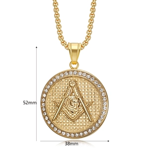 Close-up of gold-plated Freemason pendant with crystals measuring 52mm by 38mm