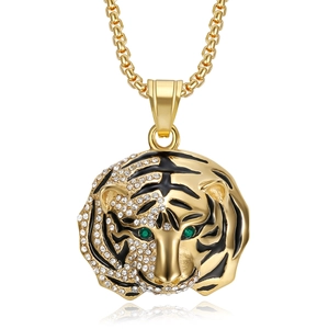 Pendentif tête de tigre plaqué or hip hop avec yeux verts et strass en cristal brillant