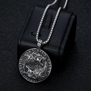 Viking wolf head pendant necklace with Nordic runes and stainless steel box chain