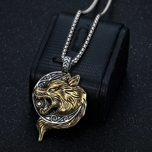 Vintage Viking wolf head crescent moon pendant necklace in gold and silver finish