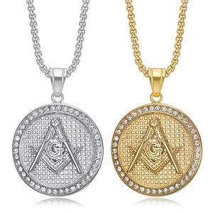 Hip Hop Stainless Steel Pave Rhinestone Masonic Freemason Round Pendant Necklace For Men Women Gold Silver Plated Jewelry