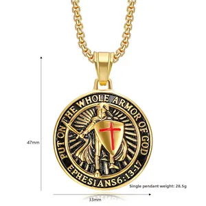 Detail of gold-plated Templar Knight pendant with armor of God bible verse engraving
