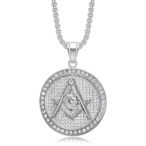 Silver stainless steel Freemason pendant necklace with sparkling rhinestones and G symbol