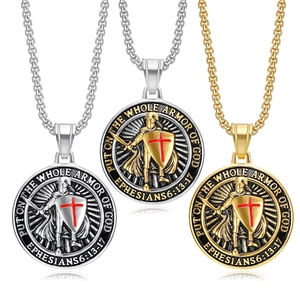 Knights Templar Armor of God shield necklaces in gold and silver stainless steel