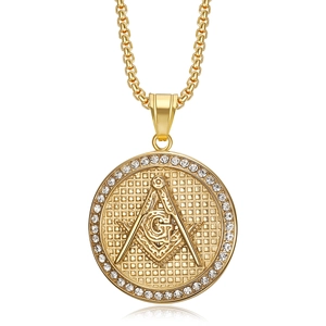 Gold plated stainless steel Masonic pendant necklace with white crystals on white background