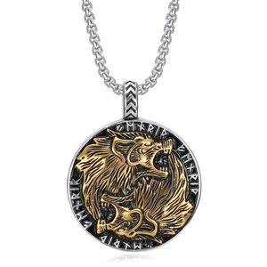 Viking wolf totem pendant necklace in gold and silver finish on white background