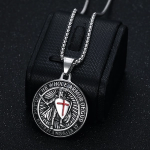 Knights Templar shield pendant necklace in aged silver with Armor of God engraving
