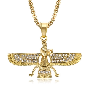 Hip Hop Titanium Steel Faravahar Pendant Necklace For Men Women Rhinestone Inlaid Gold Silver Persian Symbol Jewelry