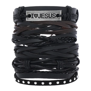 Detail view of multi-layer leather bracelet with Tree of Life and I Love Jesus engraving