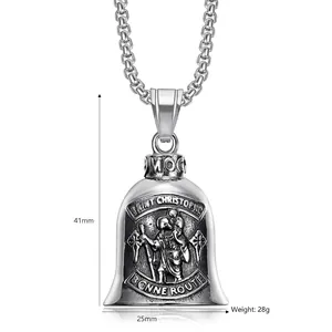 Vintage stainless steel Saint Christopher bell pendant with embossed religious motif