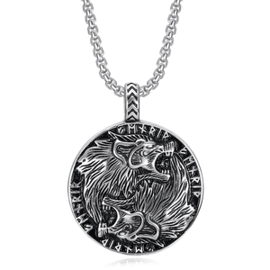 Viking Fenrir wolf head medallion necklace in silver finish with rune engraving