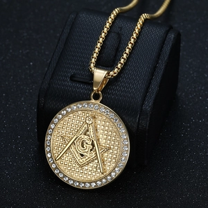 Gold plated stainless steel Freemason AG medallion necklace with sparkling crystals