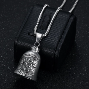 Vintage stainless steel Saint Christopher bell pendant necklace with relief detail