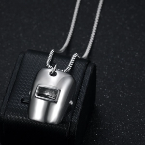Industrial welder mask pendant necklace in polished titanium steel for men and women