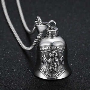 Vintage Saint Christopher guardian bell pendant on a square box chain necklace