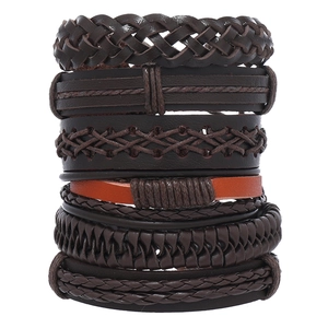 Handmade multilayer leather bracelet set for men featuring tree of life charm and orange accents