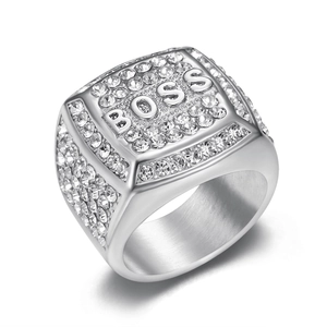 Hiphop gold plated stainless steel square ring with BOSS lettering and CZ diamonds
