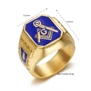 Macro detail of gold-plated Freemason ring with blue enamel G-symbol and dimensions