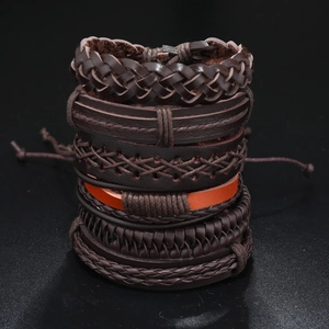 Detail of multi-layer woven leather bracelet set for men with adjustable cords