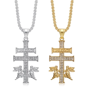 Hip Hop Edelstahl Caravaca Kreuz Engel Anhänger Halskette Gold Silber Galvanisiert Strass Eingelegt Religiöser Schmuck Für Damen Herren
