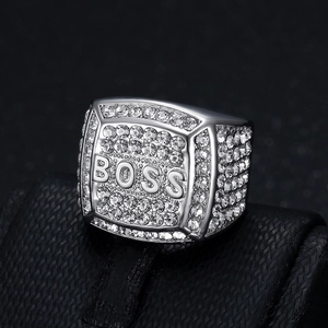 Iced out silver BOSS letter ring for men featuring micro-paved rhinestones in hip hop style