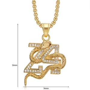 Collier hip hop plaqué or avec pendentif numéro 24 serti de diamants et serpent mamba