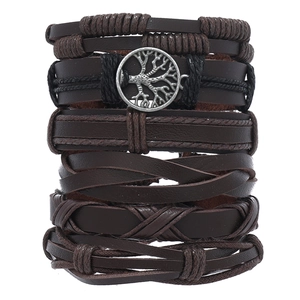 Men's retro layered leather bracelet set with a vintage silver Tree of Life metal charm