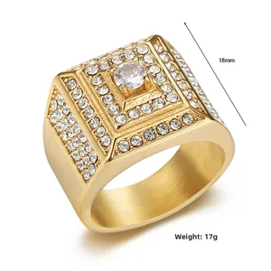 Detailed view of 18mm gold plated hip hop ring with square zircon setting and 17g weight