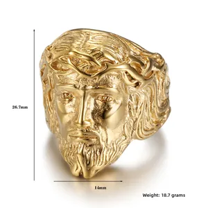 Detailed close-up of gold-plated Jesus face ring with dimensions and religious engraving