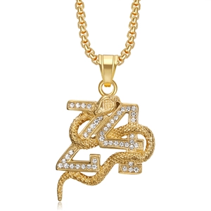 Collier hip hop avec pendentif serpent numéro 24 plaqué or et cristaux scintillants