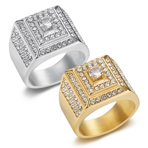 Men's Hip Hop Square Pave Zirconia Ring Stainless Steel 18K Gold Plated Luxury Iced Out Punk Band Ring Fashion Jewelry