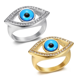 Hip Hop Stainless Steel Gold Plated Blue Evil Eye Ring For Men Iced Out Rhinestone Punk Rock Fashion Jewelry Finger Band