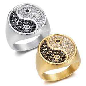 Vintage Stainless Steel Tai Chi Yin Yang Signet Ring Pave Rhinestone Gold Silver Color Band Ring For Men Women Jewelry Gift