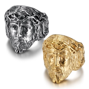 Vintage Stainless Steel Jesus Head Relief Ring For Men Polished Gold Silver Color Religious Band Fashion Jewelry Gift