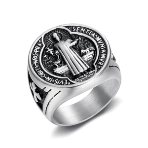 Bague chevalière Saint-Benoît vintage en acier titane plaqué or pour hommes