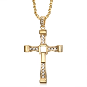 Collier croix en acier inoxydable doré pour homme avec centre rotatif et cristaux brillants